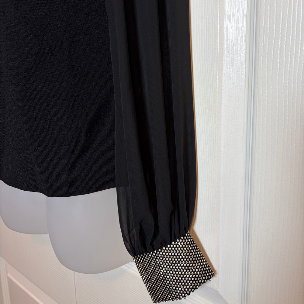 Karen Millen Sweater Black Embellished Chiffon Sleeves Rhinestones Black Medium - Picture 4 of 16